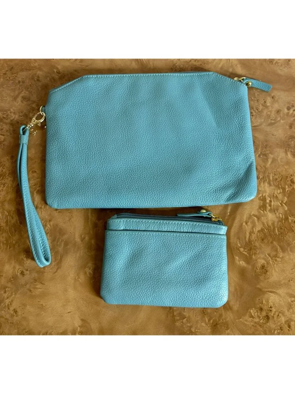Lodis Blue Pebbled Leather Wristlet & Zip Coin Pouch Bag Set